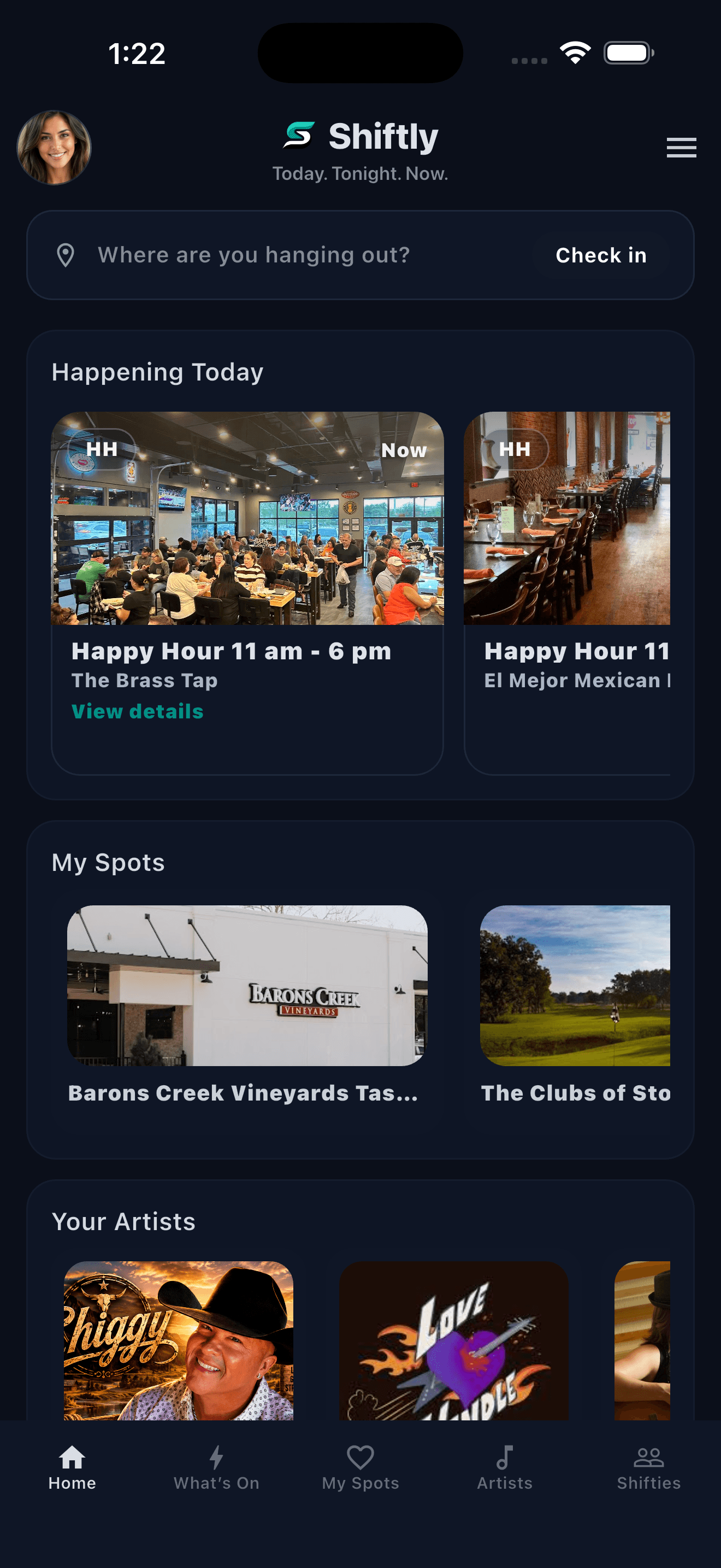 Shiftly app home screen with current local activity