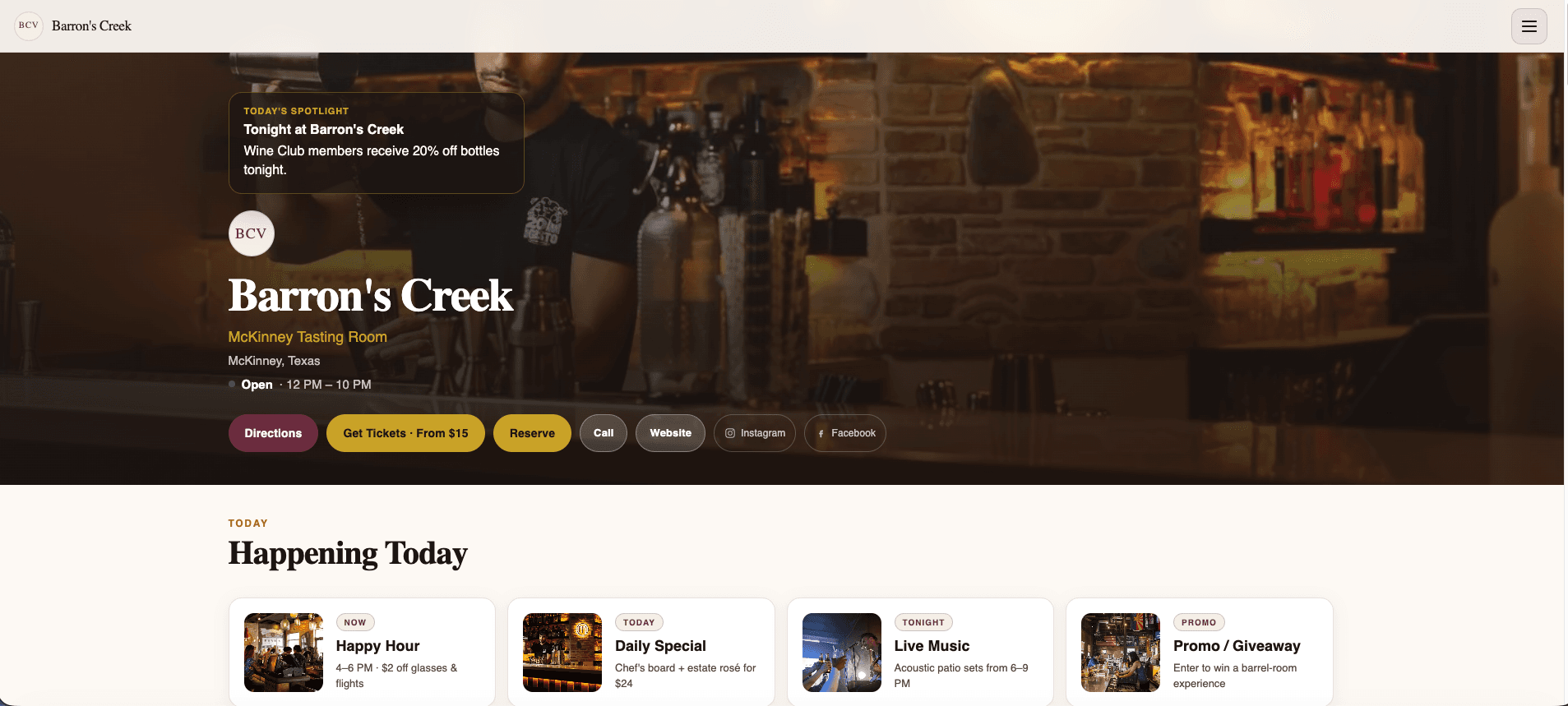 Branded venue page showing current programming