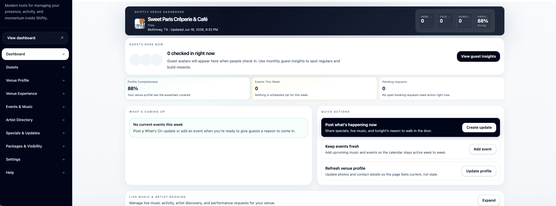 Venue management dashboard for publishing and keeping information current